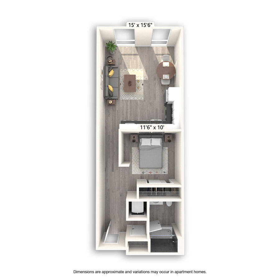Rendering of the Lexington floor plan with 1 bedroom[s] and 1 bathroom[s] at Griffis East Village
