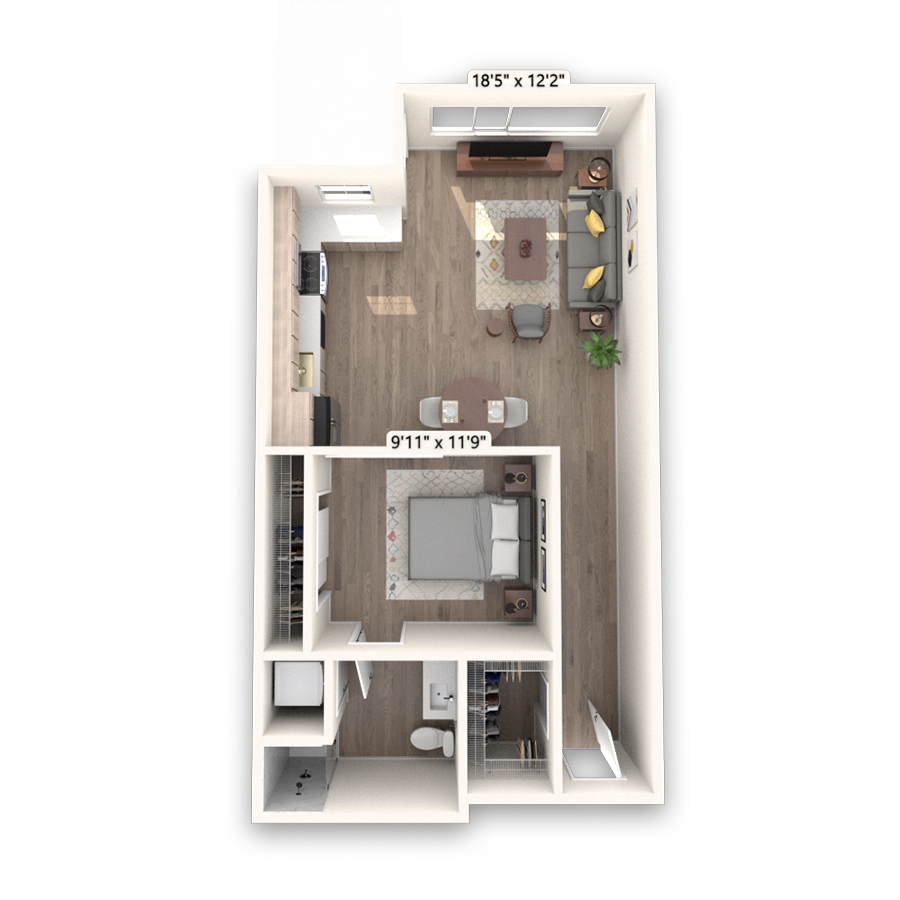 Rendering of the Columbia floor plan with 1 bedroom[s] and 1 bathroom[s] at Griffis LoDo