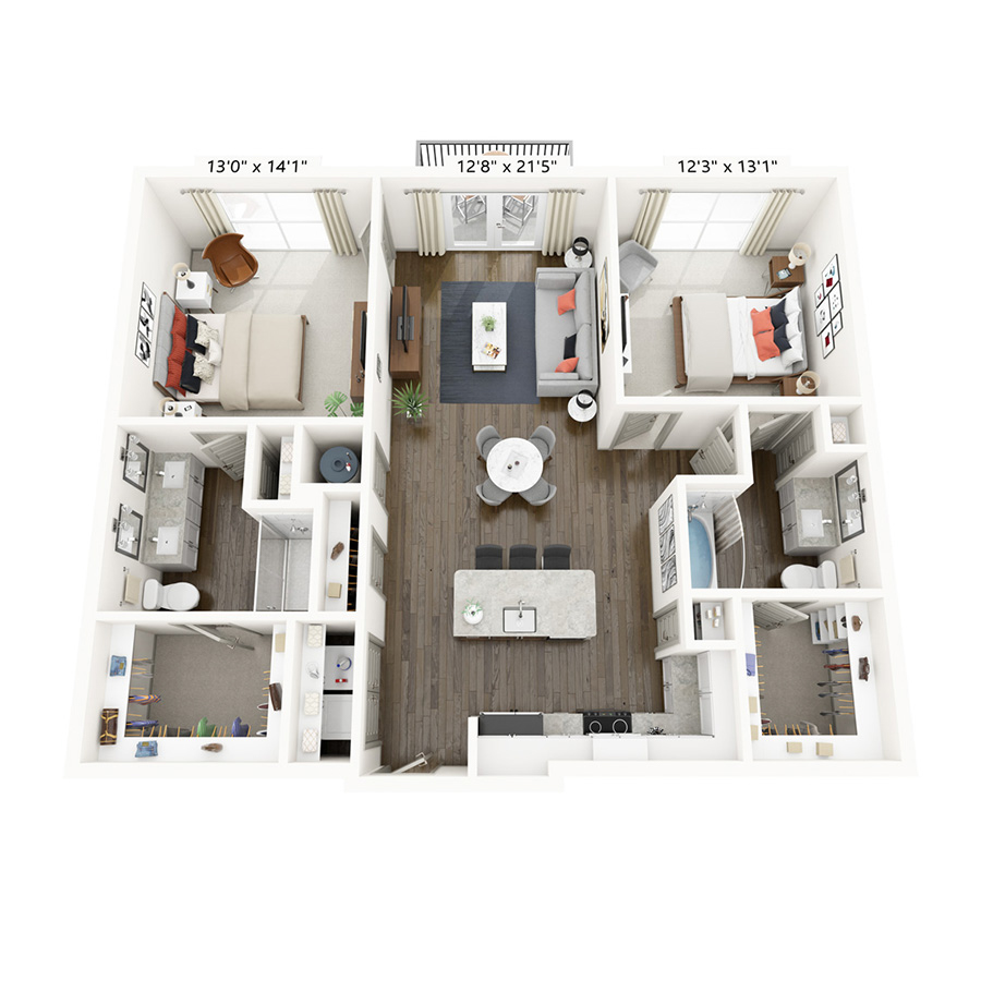 Rendering of the Railhead floor plan with 2 bedroom[s] and 2 bathroom[s] at Griffis Frisco