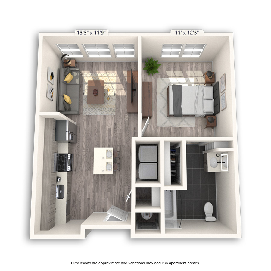 Rendering of the Cheesman Platinum floor plan with 1 bedroom[s] and 1 bathroom[s] at Griffis Cheesman Park