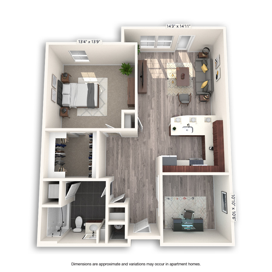 Rendering of the Cranmer floor plan with 1 bedroom[s] and 1 bathroom[s] at Griffis Cheesman Park