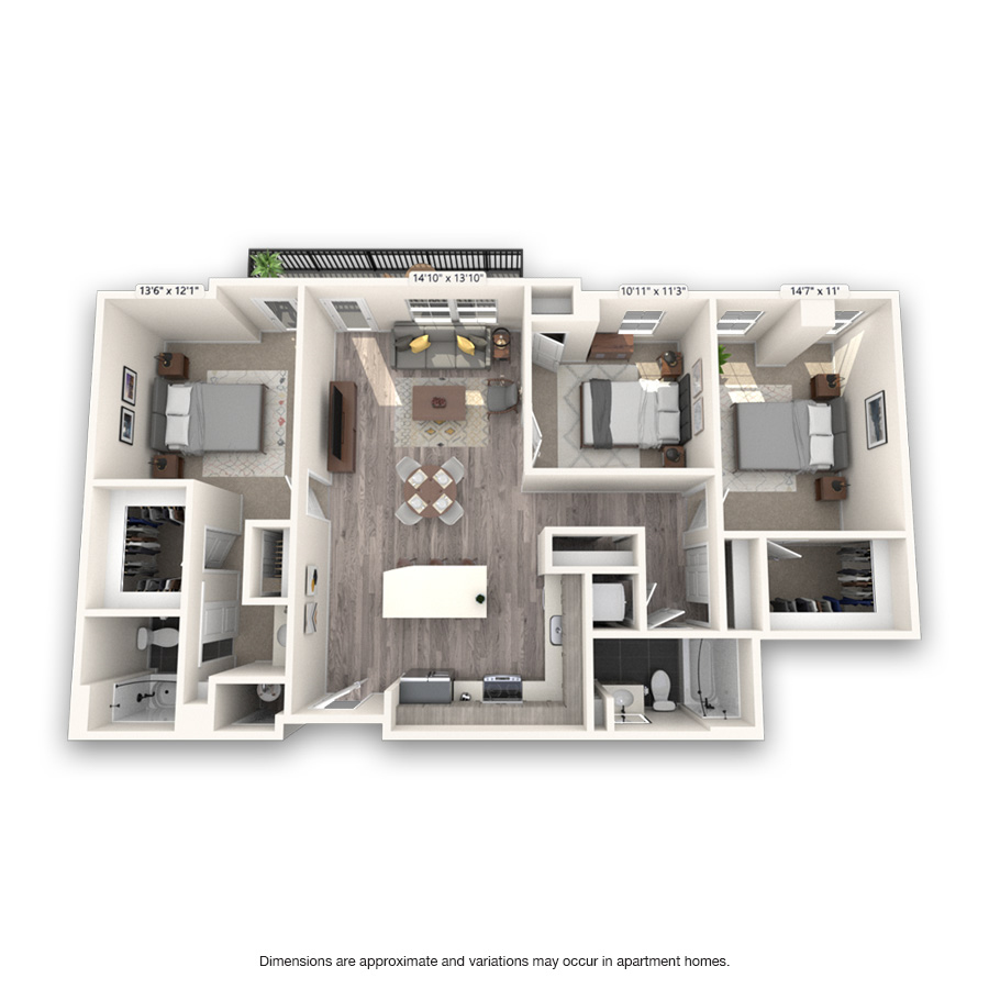 Rendering of the Cuernavaca floor plan with 3 bedroom[s] and 2 bathroom[s] at Griffis Cheesman Park