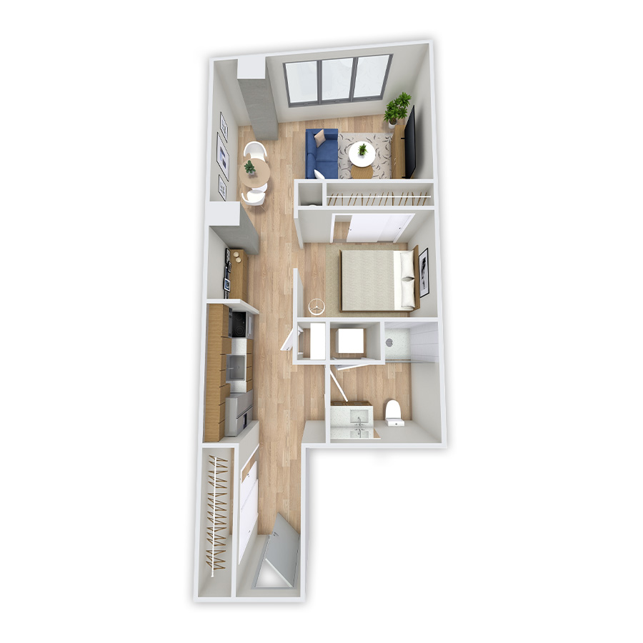 Rendering of the Hallett floor plan with 1 bedroom[s] and 1 bathroom[s] at Griffis Platform Union Station