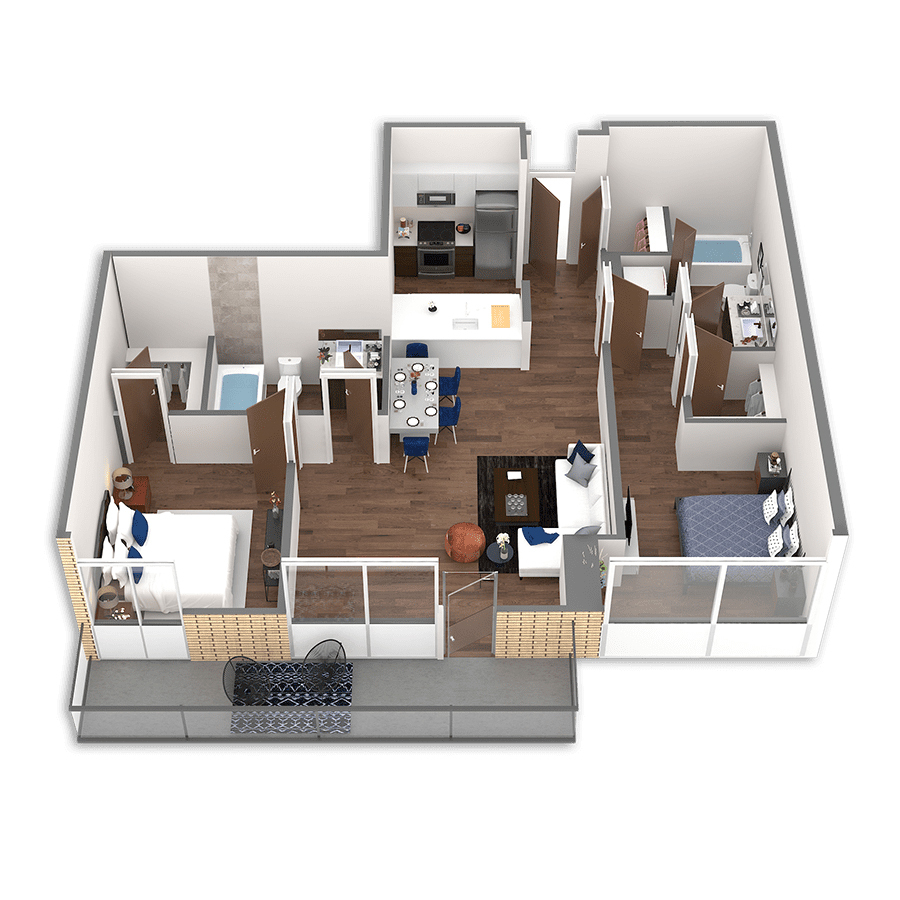 Rendering of the Miami floor plan with 2 bedroom[s] and 2 bathroom[s] at Griffis South Waterfront