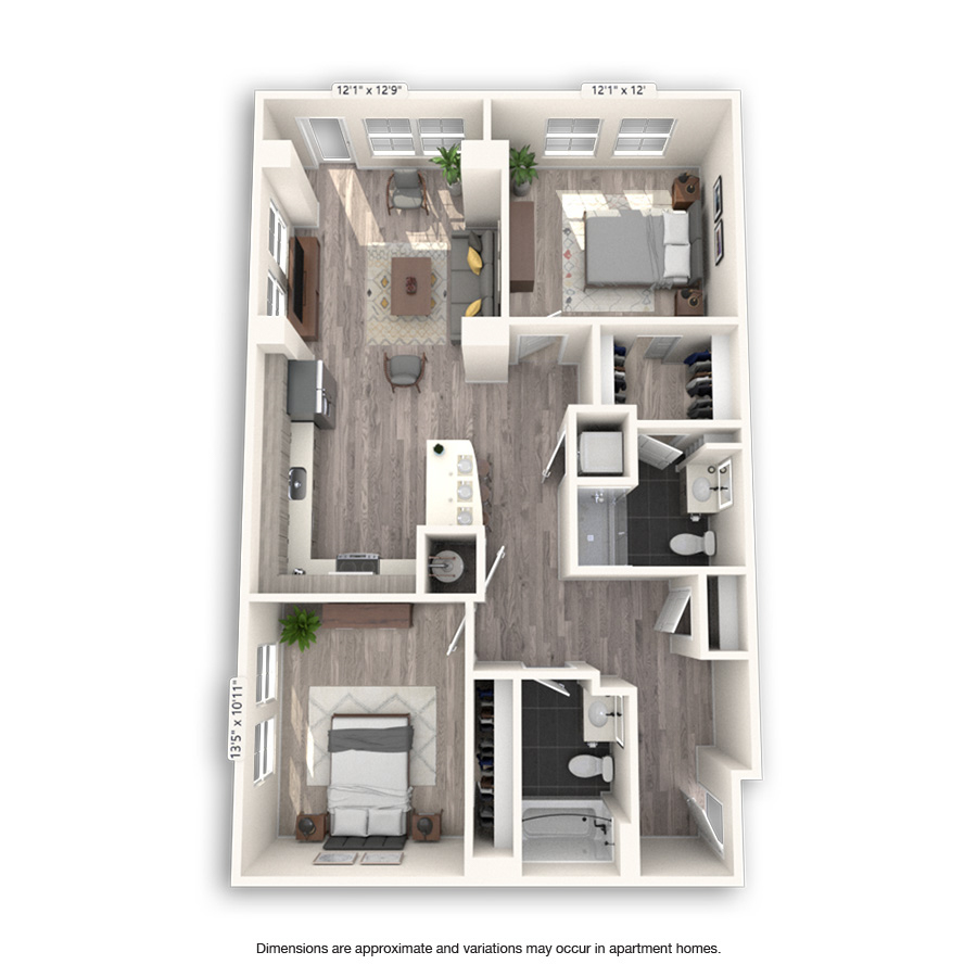 Rendering of the Harvard Platinum floor plan with 2 bedroom[s] and 2 bathroom[s] at Griffis Cheesman Park