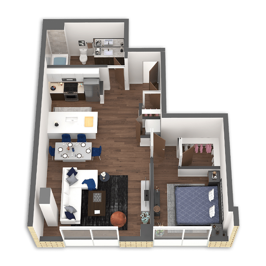 Rendering of the Coos floor plan with 1 bedroom[s] and 1 bathroom[s] at Griffis South Waterfront