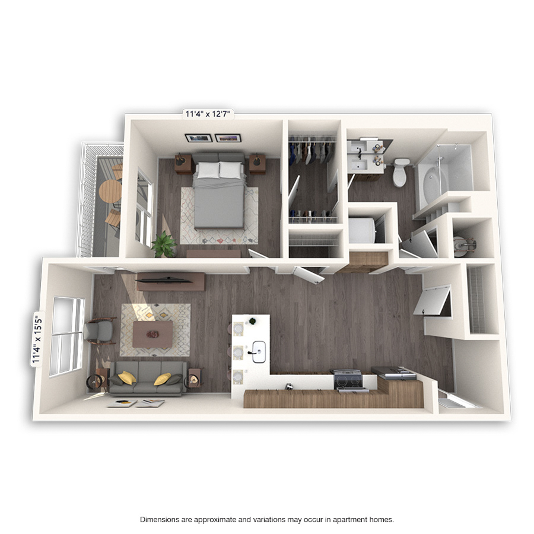 Rendering of the Ellsworth Platinum floor plan with 1 bedroom[s] and 1 bathroom[s] at Griffis Cherry Creek North