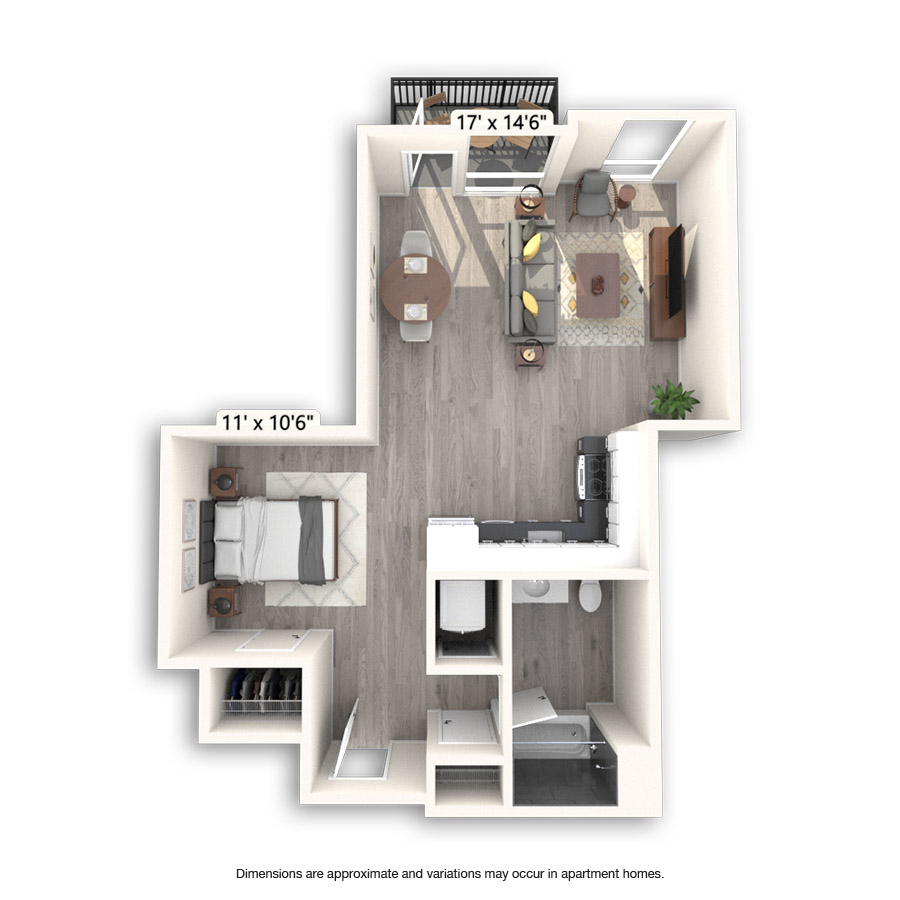 Rendering of the Houston floor plan with a Studio bedroom and 1 bathroom[s] at Griffis East Village