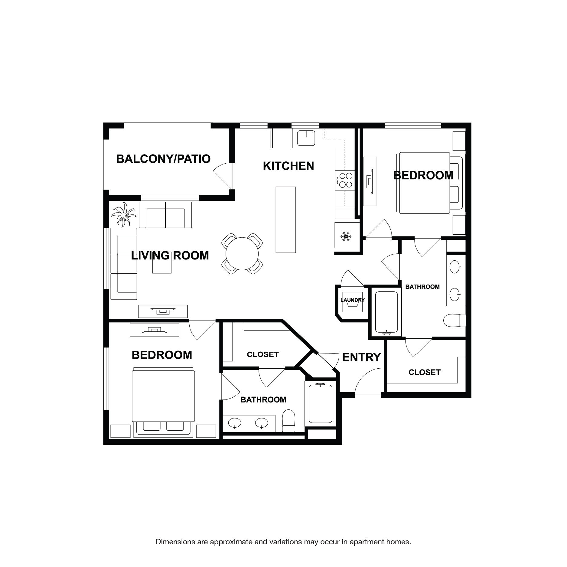 Rendering of the Pioneer floor plan with 2 bedroom[s] and 2 bathroom[s] at Griffis Platinum Triangle