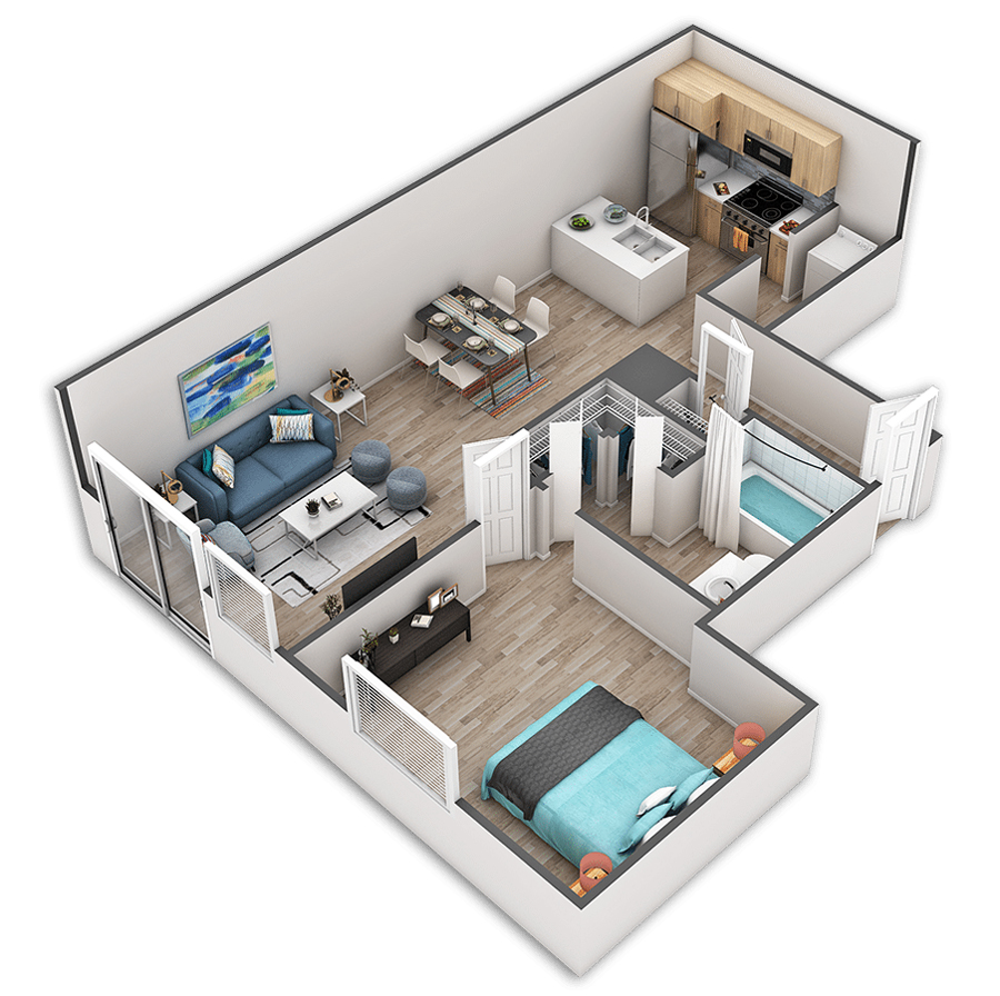 Rendering of the University Platinum floor plan with 1 bedroom[s] and 1 bathroom[s] at Griffis Belltown