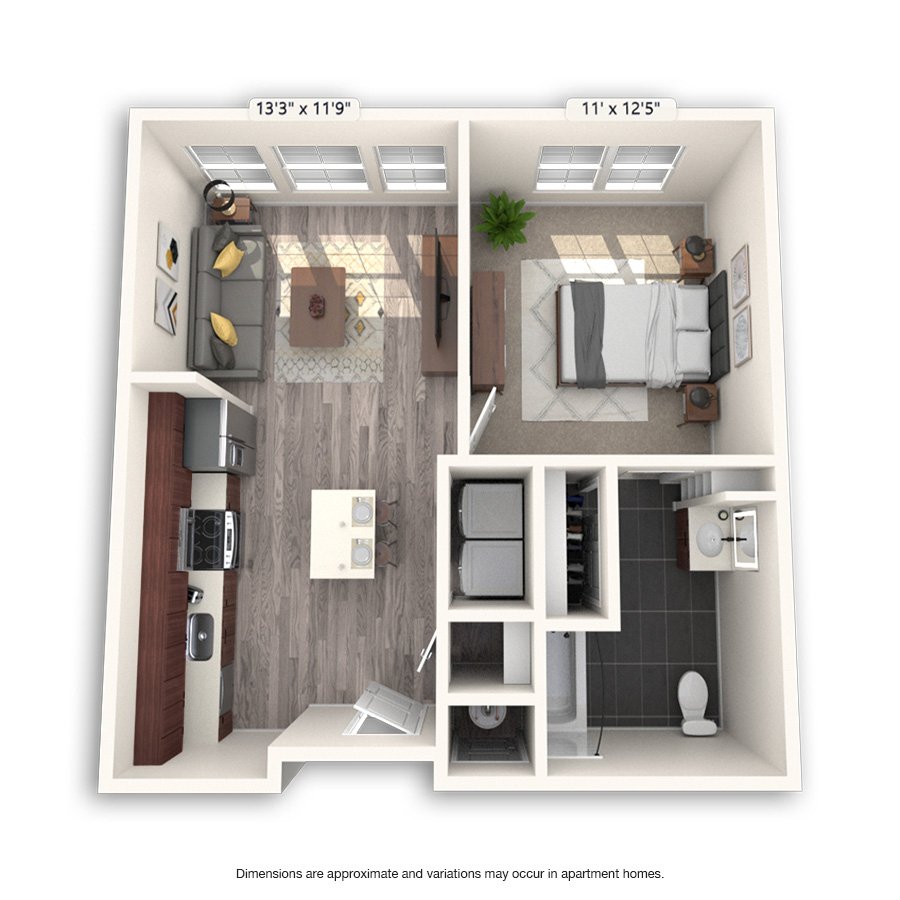 Rendering of the Cheesman floor plan with 1 bedroom[s] and 1 bathroom[s] at Griffis Cheesman Park