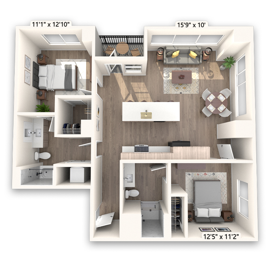 Rendering of the Princeton Platinum floor plan with 2 bedroom[s] and 2 bathroom[s] at Griffis LoDo