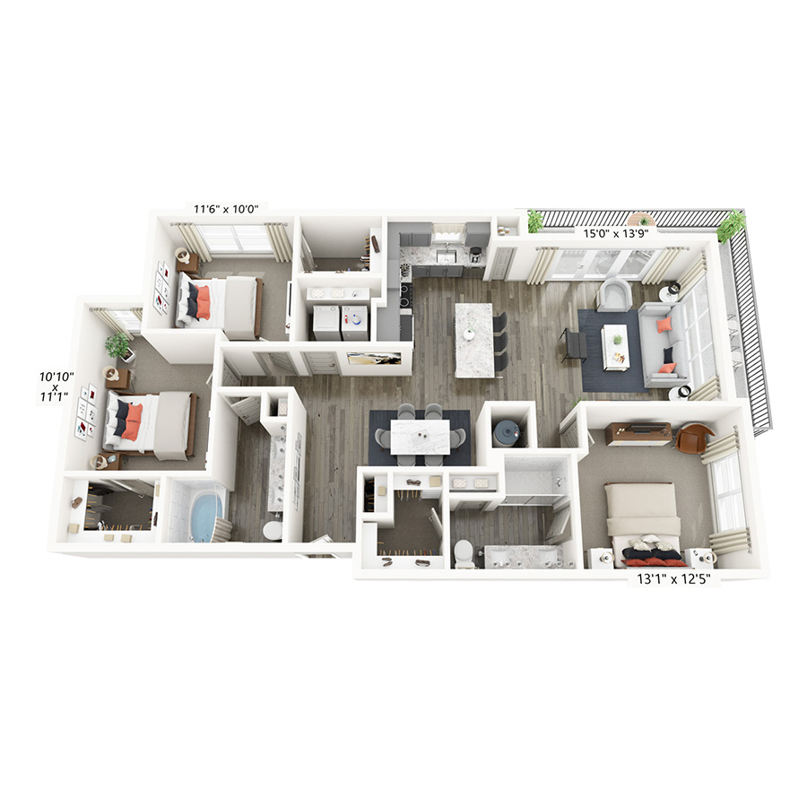 Rendering of the Warren floor plan with 3 bedroom[s] and 2 bathroom[s] at Griffis Frisco