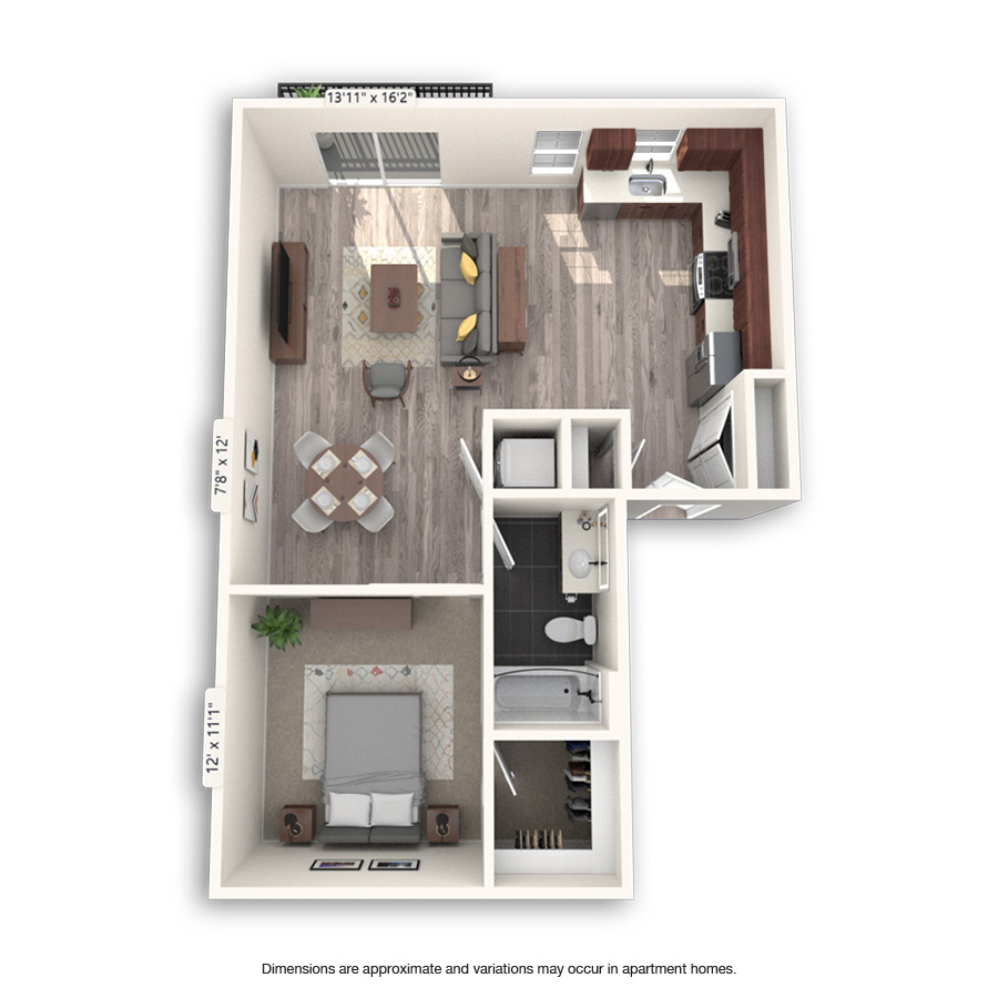 Rendering of the Jefferson floor plan with 1 bedroom[s] and 1 bathroom[s] at Griffis Cheesman Park