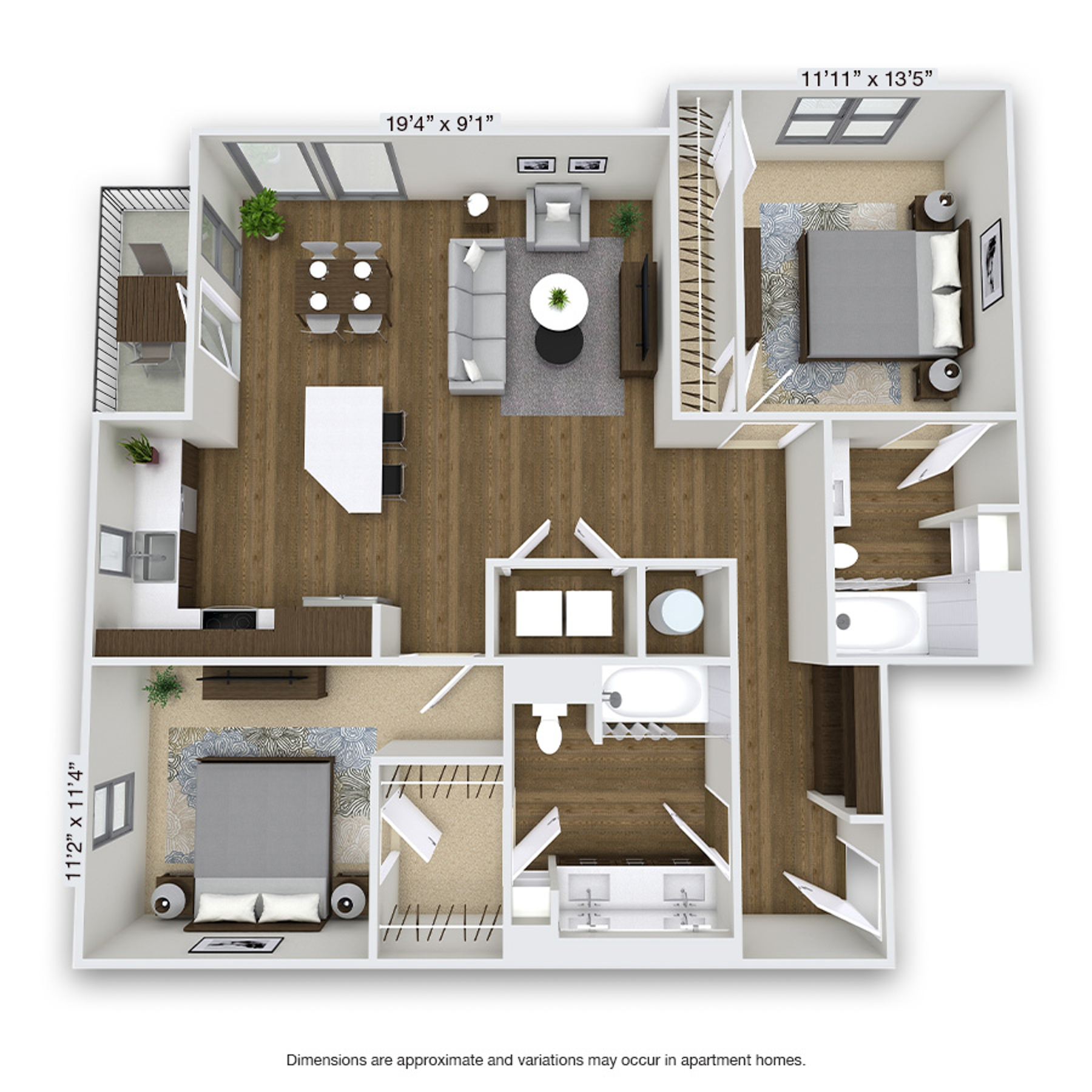 Rendering of the Steele floor plan with 2 bedroom[s] and 2 bathroom[s] at Griffis Cherry Creek North