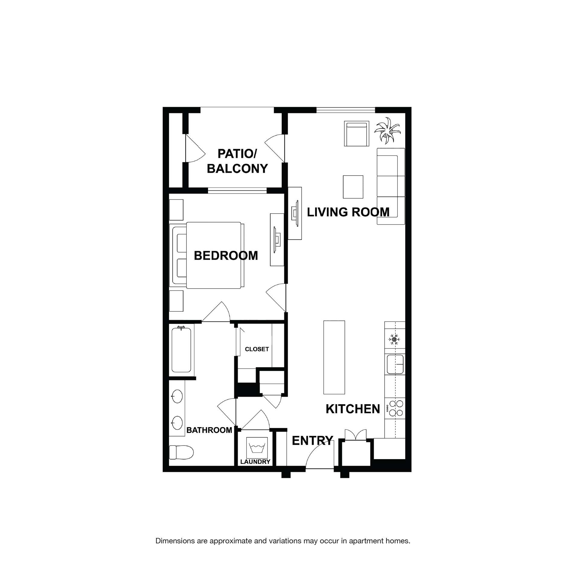 Rendering of the Friendship floor plan with 1 bedroom[s] and 1 bathroom[s] at Griffis Platinum Triangle