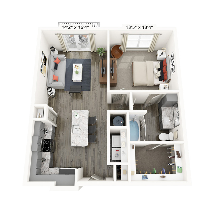 Rendering of the Legacy floor plan with 1 bedroom[s] and 1 bathroom[s] at Griffis Frisco