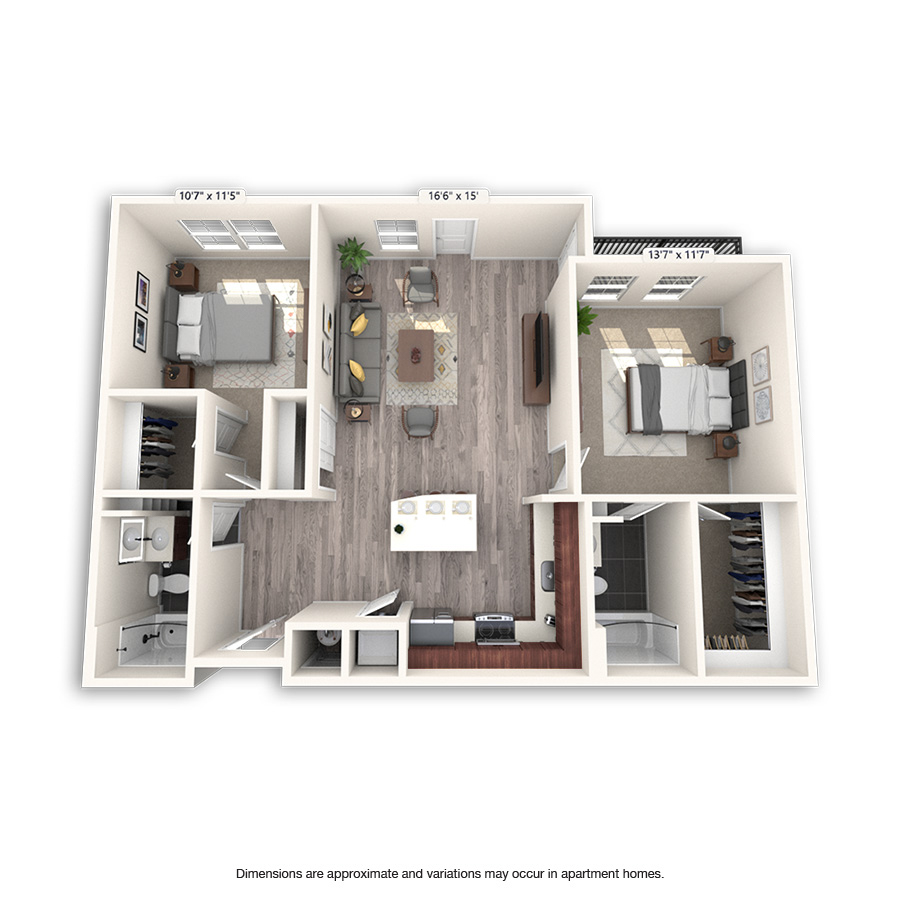 Rendering of the Berkeley floor plan with 2 bedroom[s] and 2 bathroom[s] at Griffis Cheesman Park