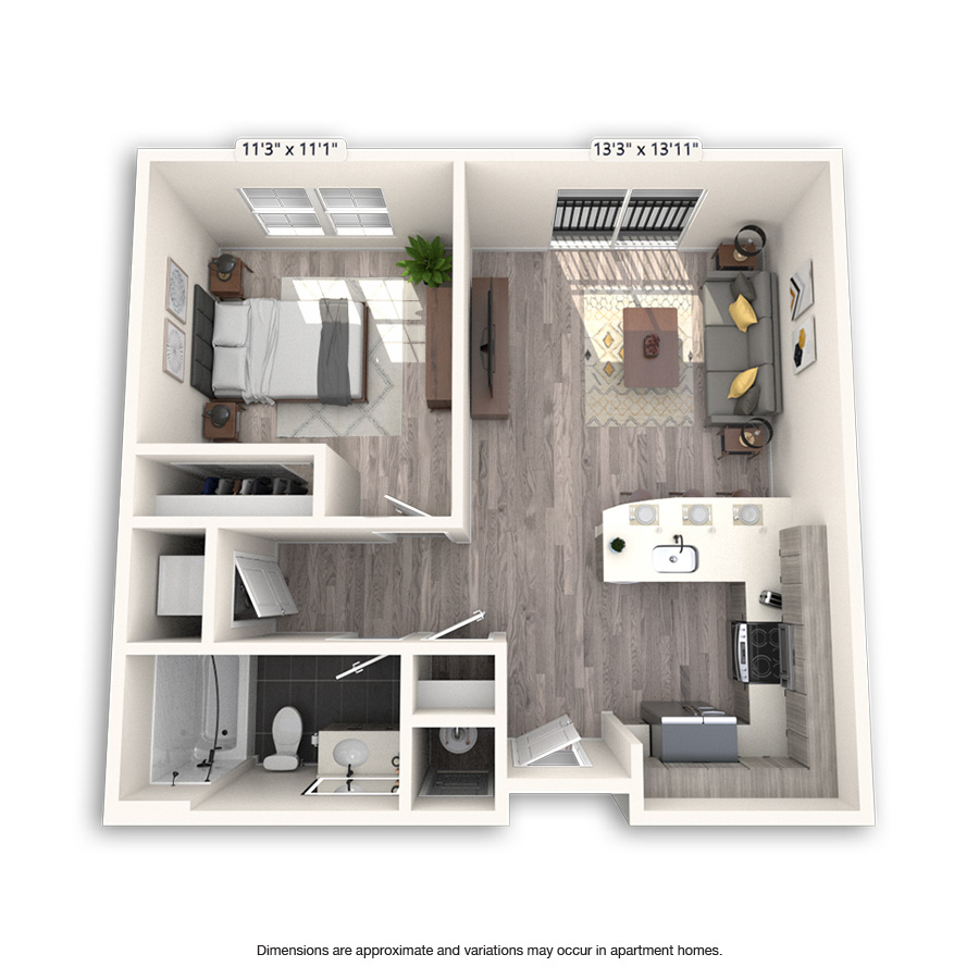Rendering of the Belmar Platinum floor plan with 1 bedroom[s] and 1 bathroom[s] at Griffis Cheesman Park