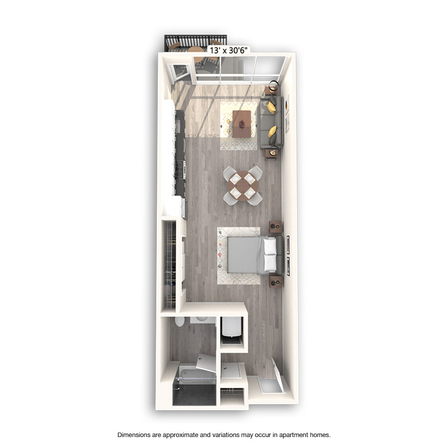 Rendering of the Langley Platinum floor plan with a Studio bedroom and 1 bathroom[s] at Griffis East Village