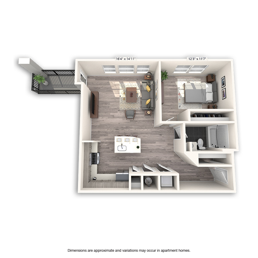 Rendering of the Benedict Platinum floor plan with 1 bedroom[s] and 1 bathroom[s] at Griffis Cheesman Park