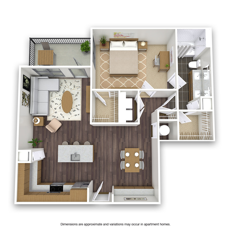 Rendering of the Reagan floor plan with 1 bedroom[s] and 1 bathroom[s] at Griffis Oak Lawn