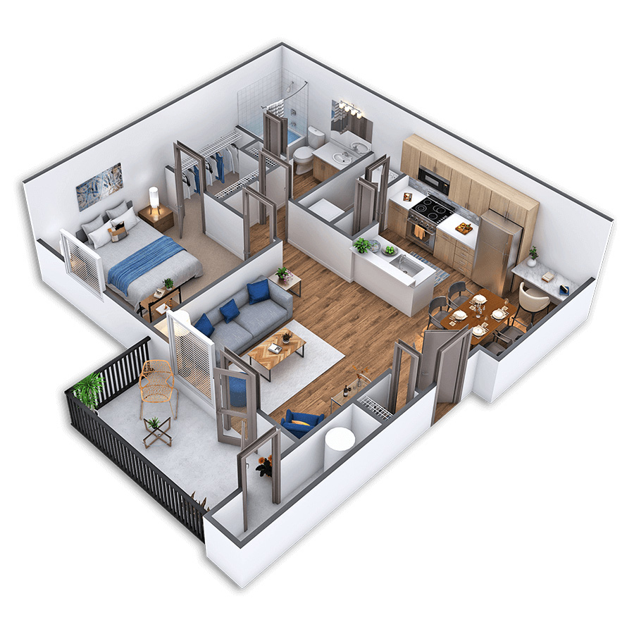Rendering of the Tower floor plan with 1 bedroom[s] and 1 bathroom[s] at Griffis North Creek