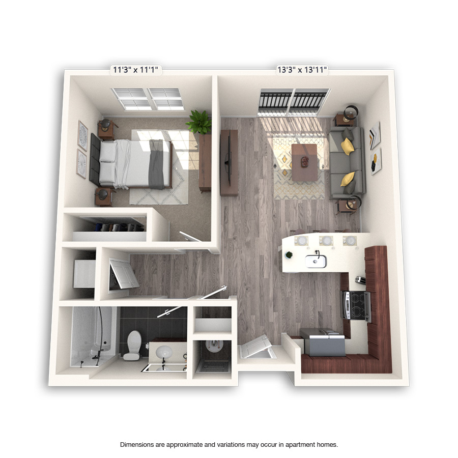 Rendering of the Belmar floor plan with 1 bedroom[s] and 1 bathroom[s] at Griffis Cheesman Park