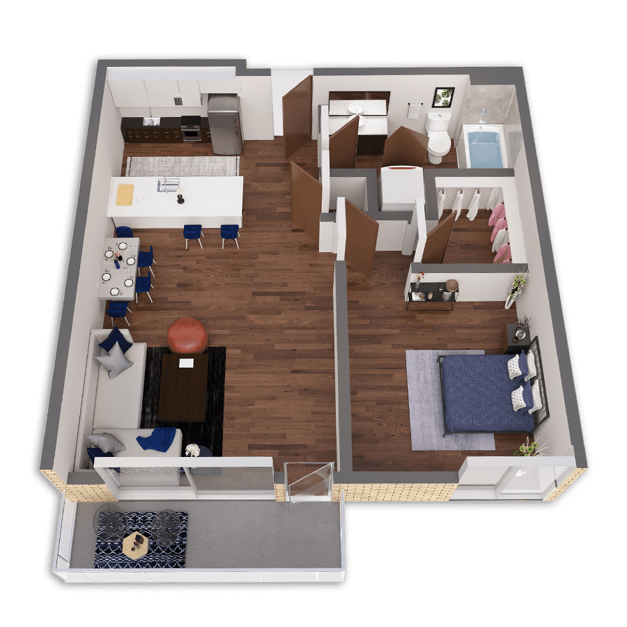 Rendering of the Salmonberry Platinum floor plan with 1 bedroom[s] and 1 bathroom[s] at Griffis South Waterfront