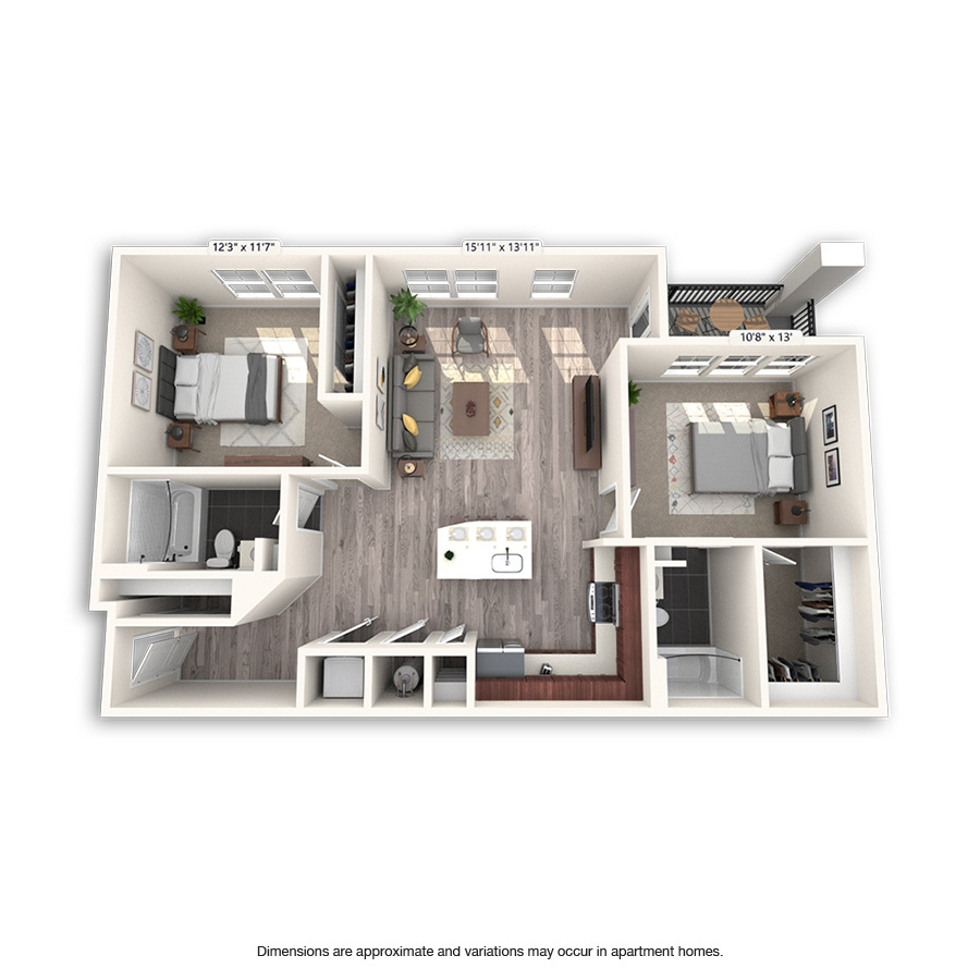 Rendering of the Sculpture floor plan with 2 bedroom[s] and 2 bathroom[s] at Griffis Cheesman Park