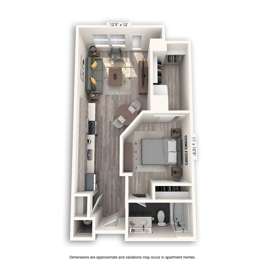 Rendering of the Southmoor Platinum floor plan with 1 bedroom[s] and 1 bathroom[s] at Griffis Cheesman Park