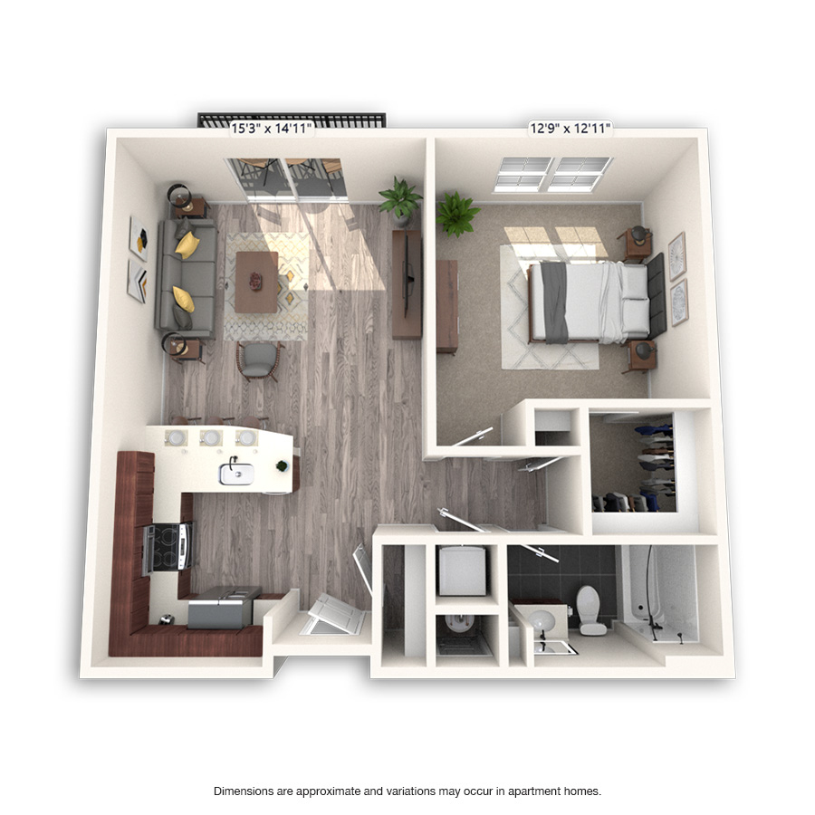 Rendering of the Commons floor plan with 1 bedroom[s] and 1 bathroom[s] at Griffis Cheesman Park