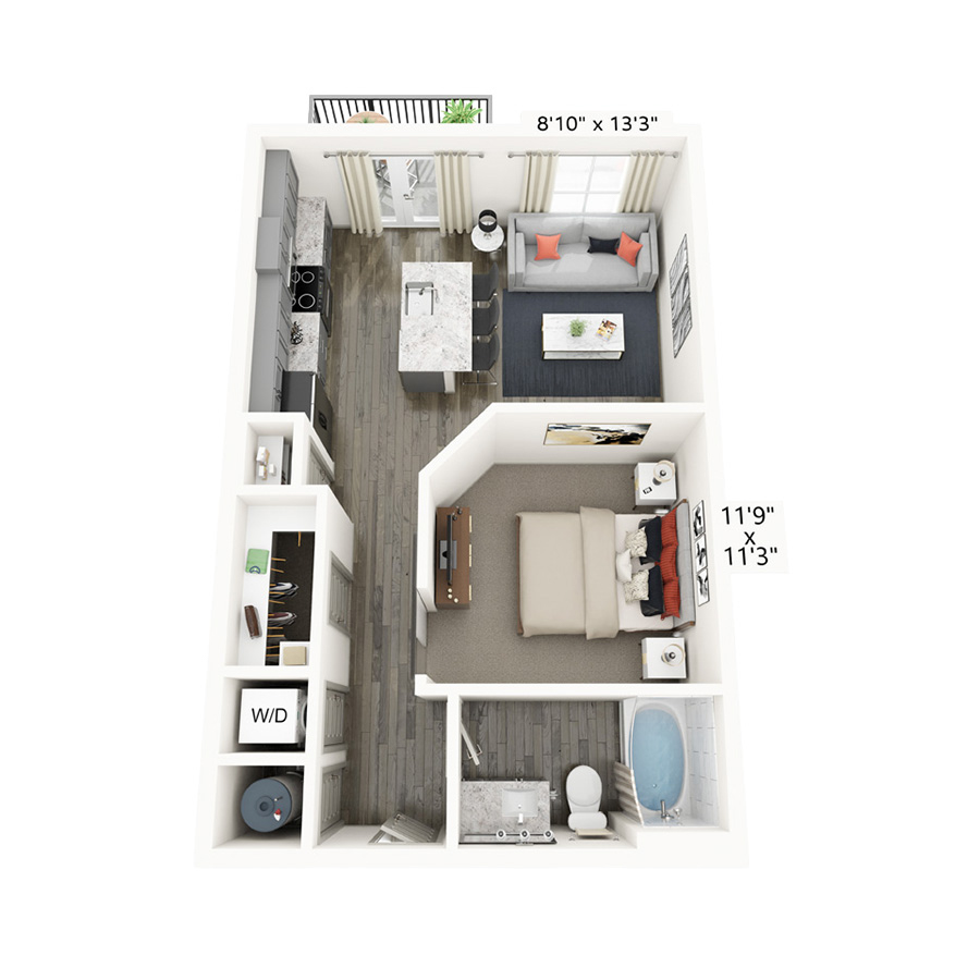 Rendering of the Colt floor plan with a Studio bedroom and 1 bathroom[s] at Griffis Frisco