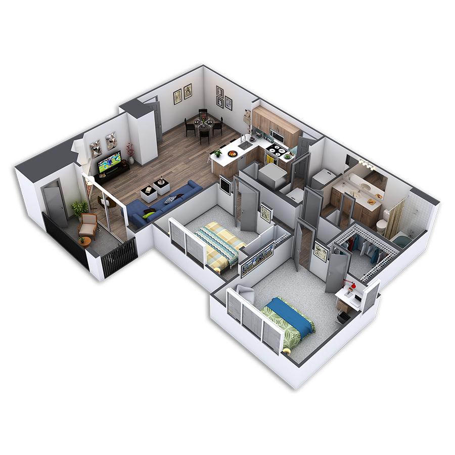 Rendering of the Dart Custom floor plan with 2 bedroom[s] and 1 bathroom[s] at Griffis Belleview Station