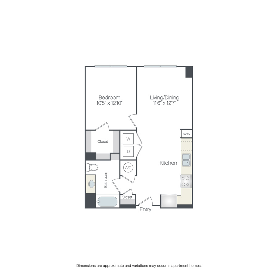 Rendering of the Chestnut floor plan with 1 bedroom[s] and 1 bathroom[s] at Griffis Edgemoor