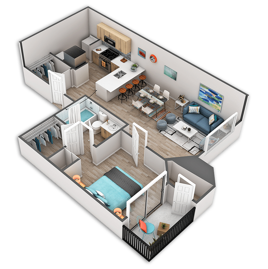 Rendering of the Union floor plan with 1 bedroom[s] and 1 bathroom[s] at Griffis Belltown