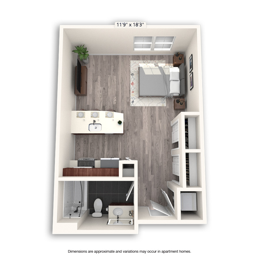 Rendering of the City floor plan with a Studio bedroom and 1 bathroom[s] at Griffis Cheesman Park