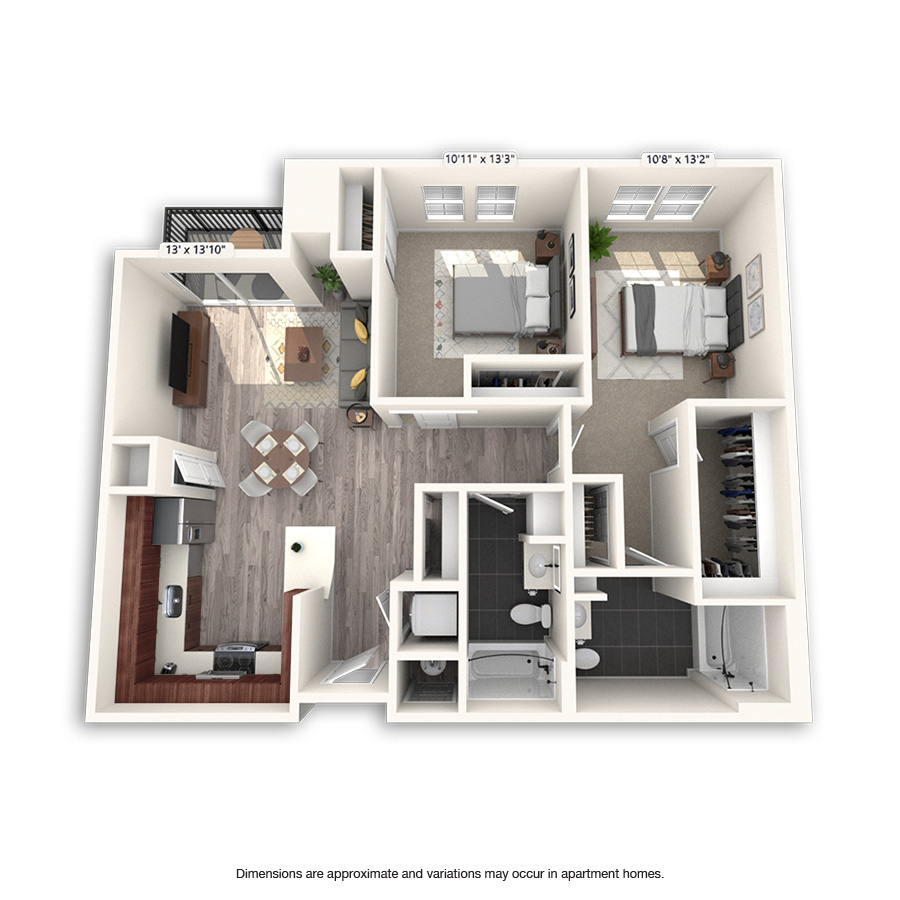 Rendering of the Founders floor plan with 2 bedroom[s] and 2 bathroom[s] at Griffis Cheesman Park