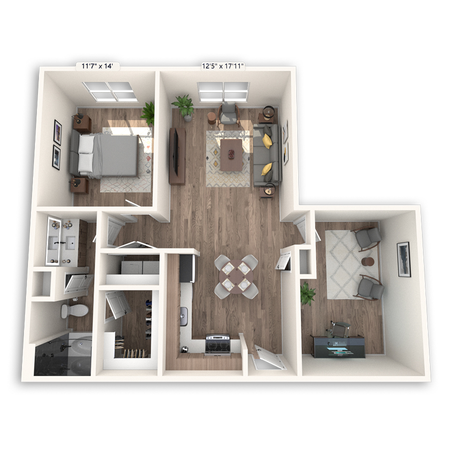 Rendering of the Hong Kong floor plan with 1 bedroom[s] and 1 bathroom[s] at Griffis at The Domain