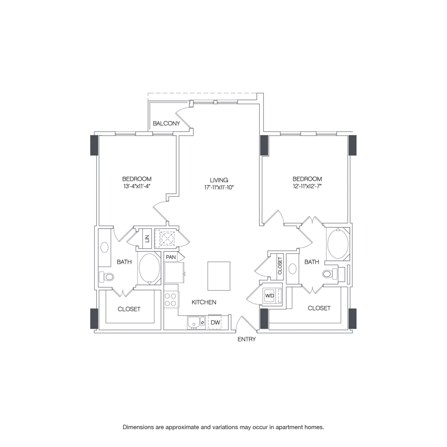 Rendering of the Owens floor plan with 2 bedroom[s] and 2 bathroom[s] at Griffis Uptown