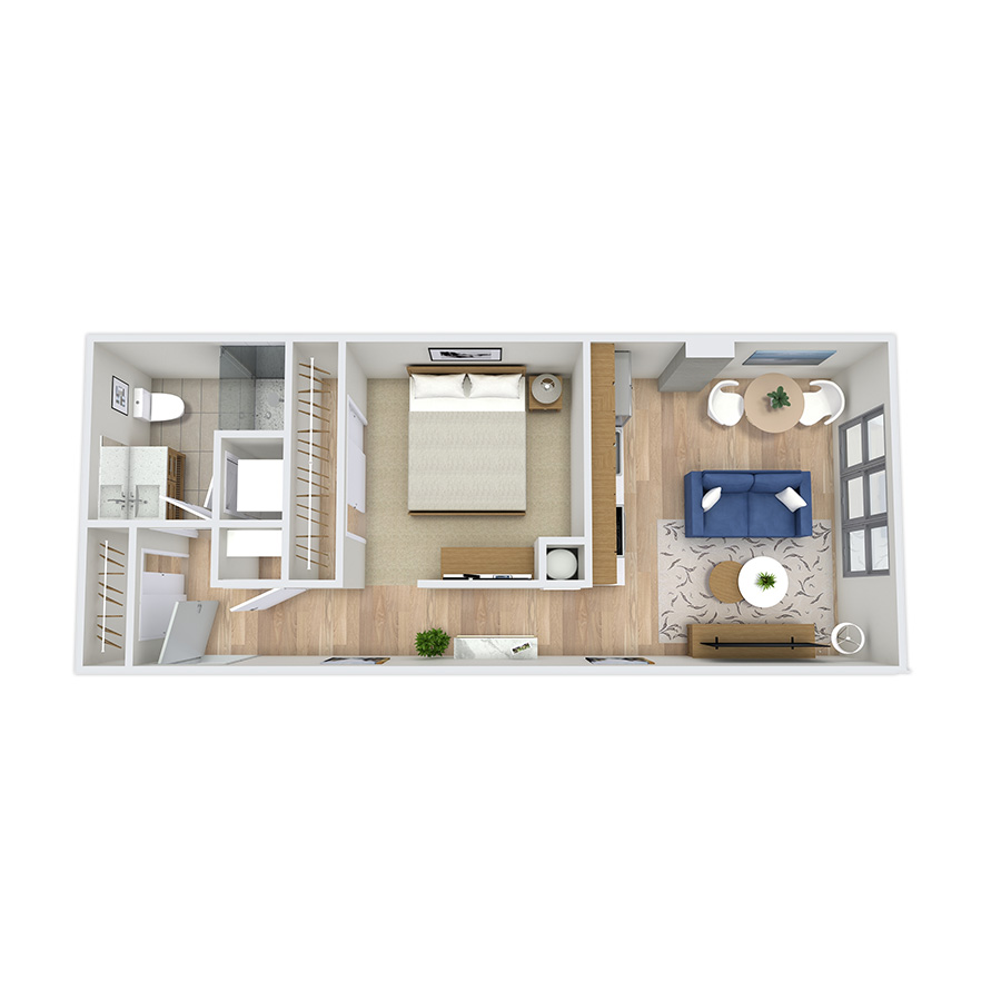 Rendering of the Bison floor plan with 1 bedroom[s] and 1 bathroom[s] at Griffis Platform Union Station