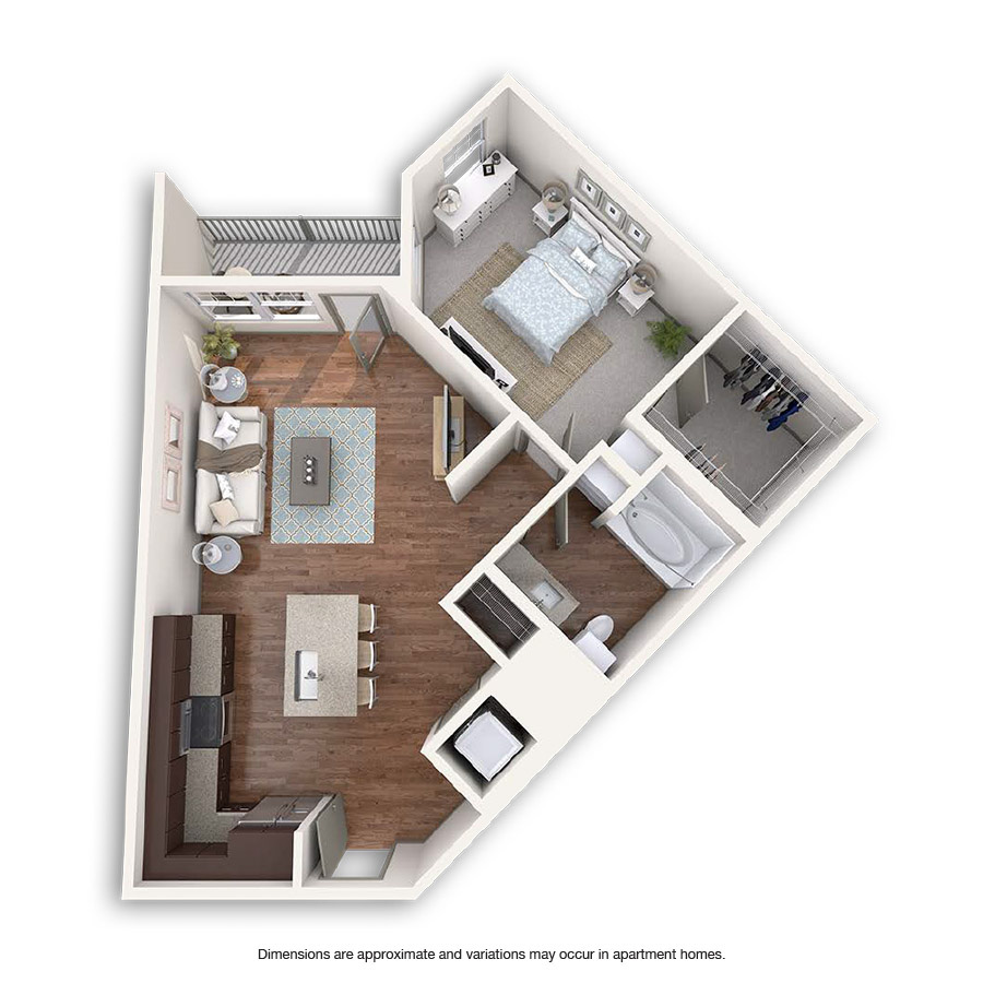 Rendering of the Hi-Dive floor plan with 1 bedroom[s] and 1 bathroom[s] at Griffis at Fiddler's Green