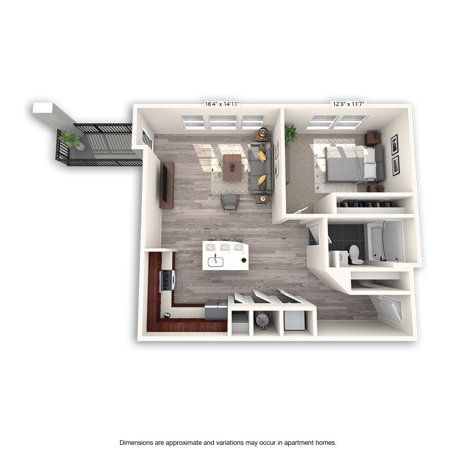 Rendering of the Benedict floor plan with 1 bedroom[s] and 1 bathroom[s] at Griffis Cheesman Park