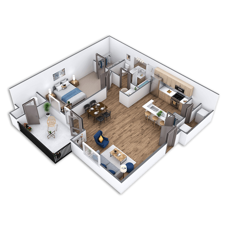 Rendering of the Rialto floor plan with 1 bedroom[s] and 1 bathroom[s] at Griffis North Creek