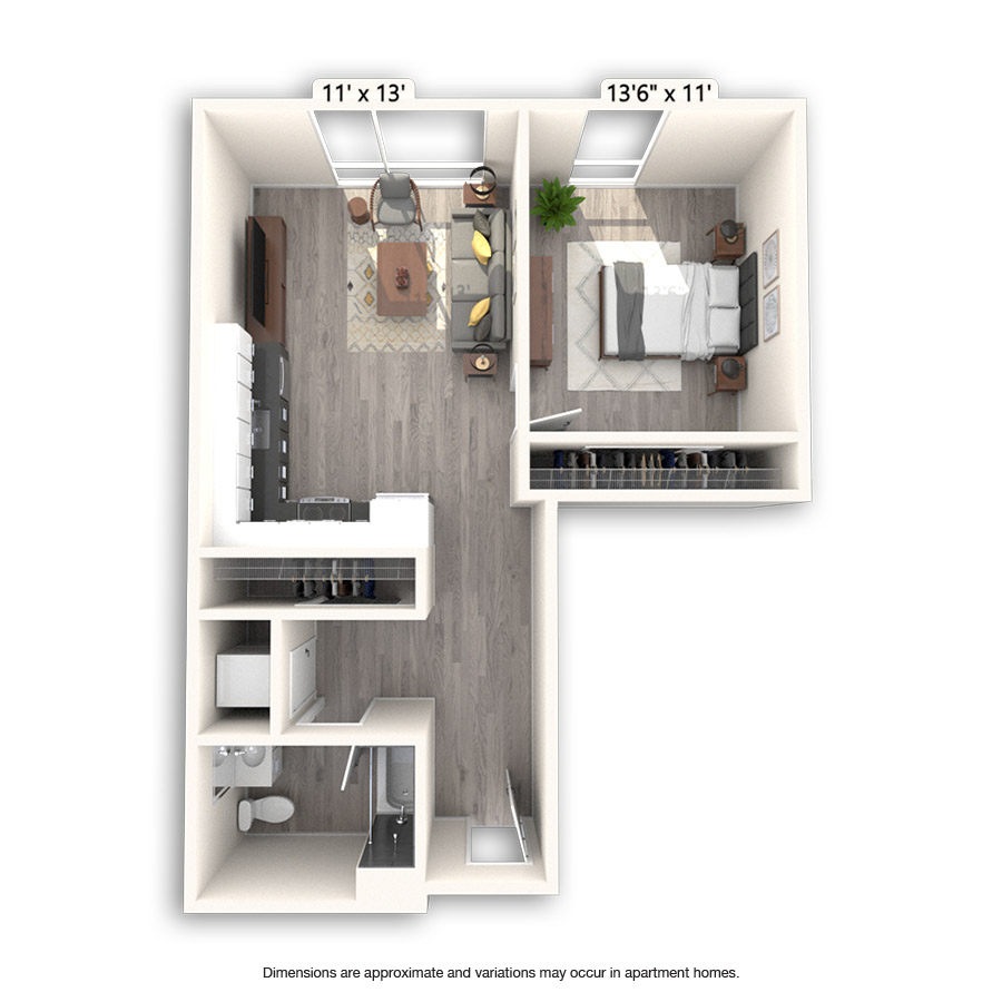 Rendering of the O Bannon floor plan with 1 bedroom[s] and 1 bathroom[s] at Griffis East Village