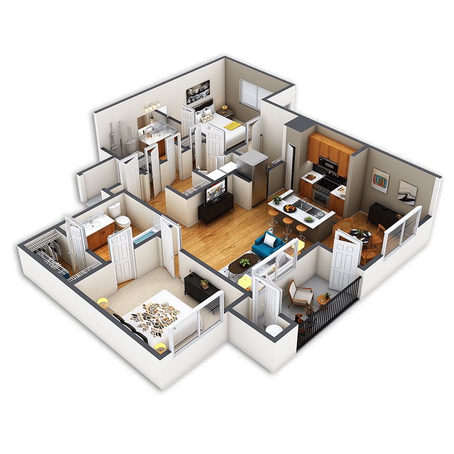 Rendering of the Hi Line floor plan with 2 bedroom[s] and 2 bathroom[s] at Griffis Fitzsimons South