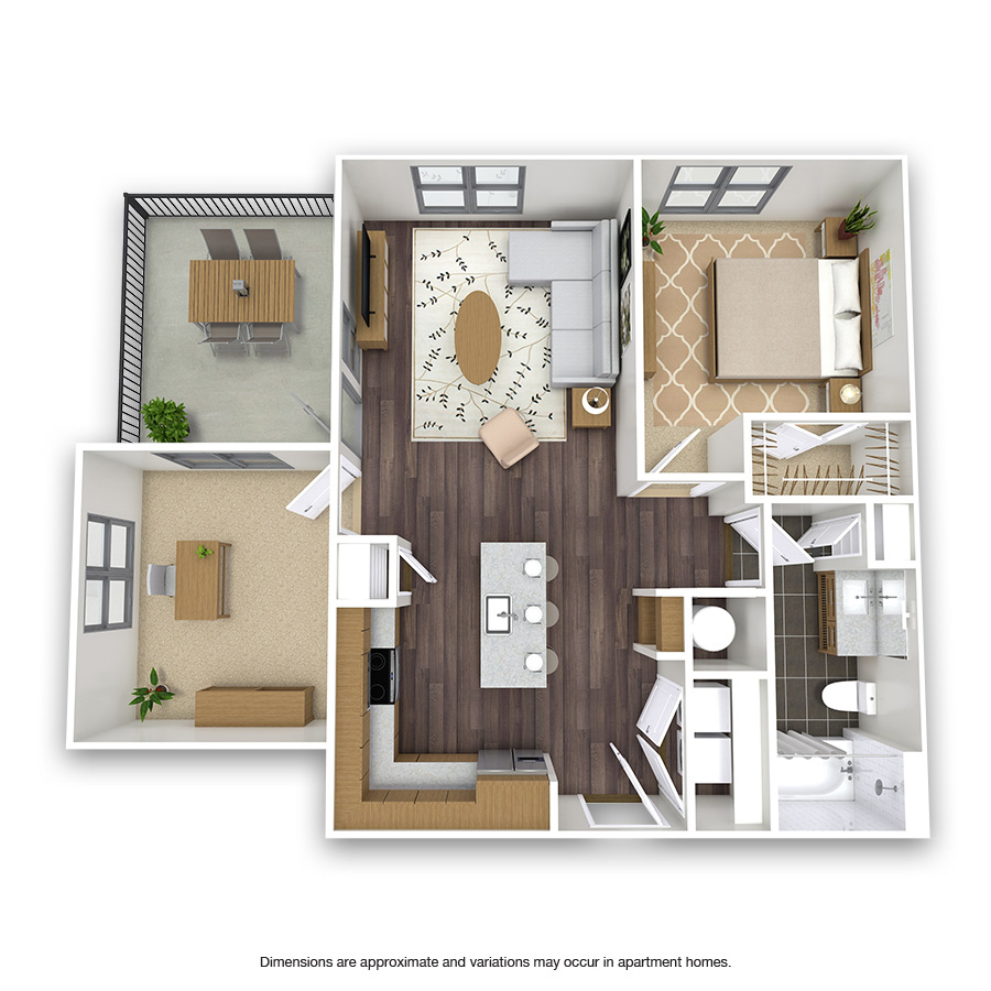Rendering of the Knight floor plan with 1 bedroom[s] and 1 bathroom[s] at Griffis Oak Lawn