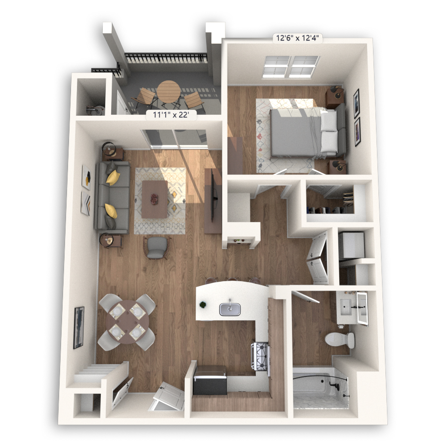 Rendering of the Mission floor plan with 1 bedroom[s] and 1 bathroom[s] at Griffis Mission Valley