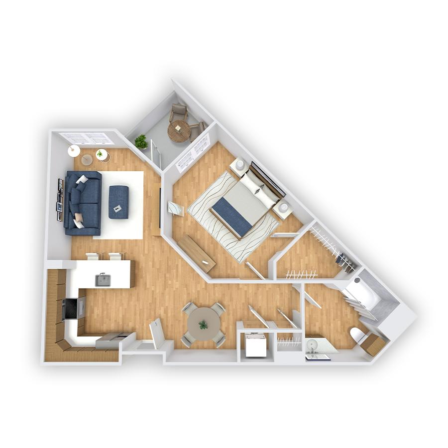 Rendering of the Braly Platinum floor plan with 1 bedroom[s] and 1 bathroom[s] at Griffis South Bay