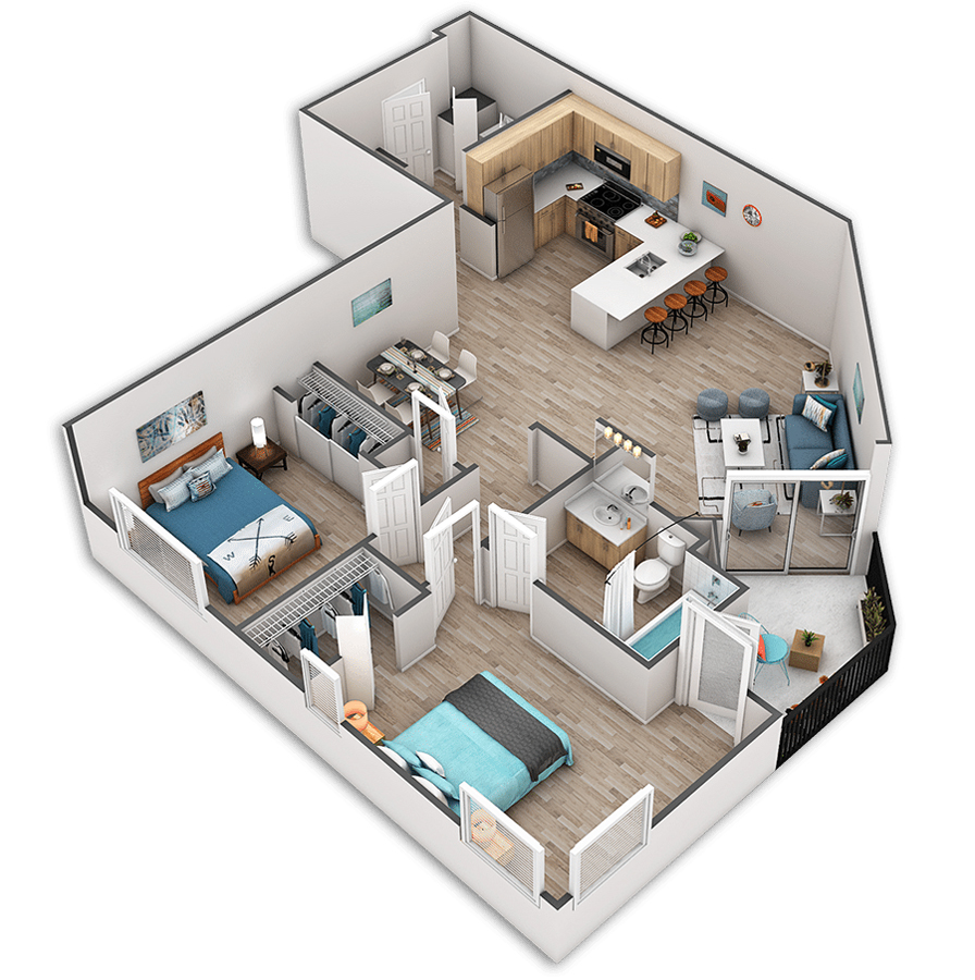 Rendering of the Cedar Platinum floor plan with 2 bedroom[s] and 1 bathroom[s] at Griffis Belltown